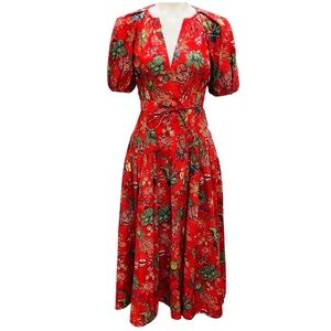 ULLA JOHNSON RED MULTI CARINA HIBISCUS FLORAL PRINT PUFF SLEEVE COTTON MIDI DRES